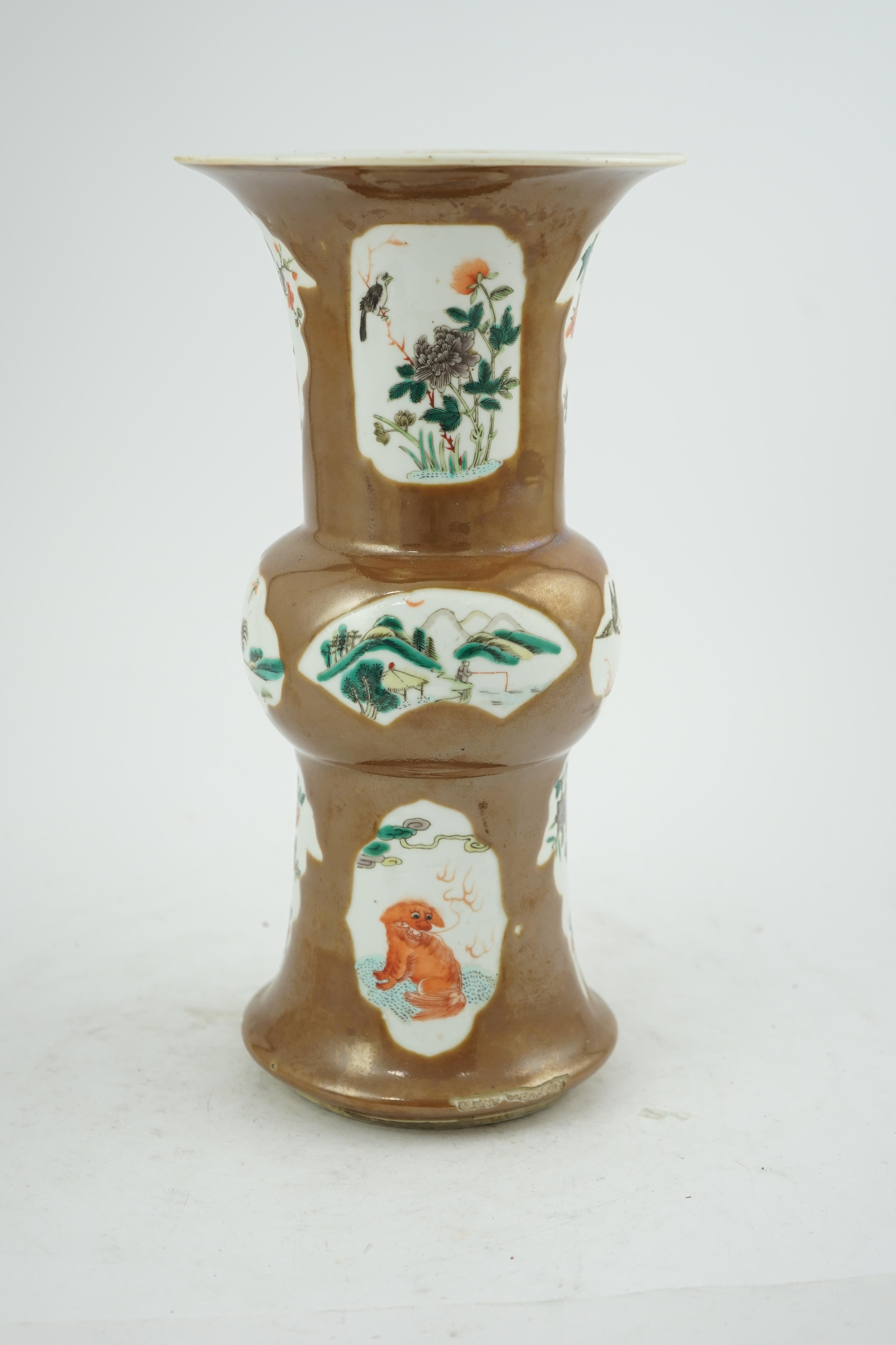 A Chinese cafe-au-lait ground beaker vase, gu, 19th century